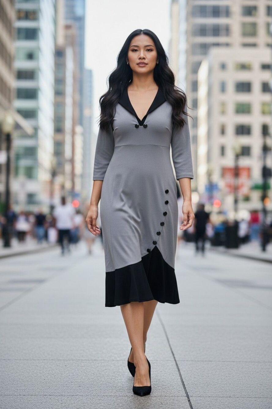 Homeyee Dress Size 12 Grey W/ Black Accents Career Work Wear